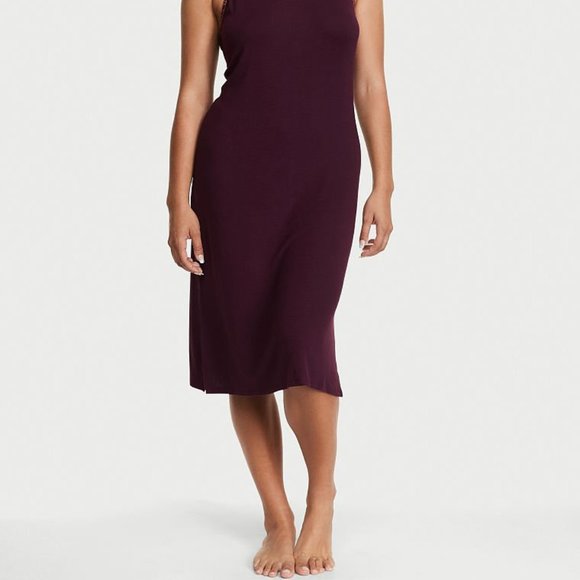 VS Modal Rib Nightgown Purple w/ Leopard Print Trim So Comfy and Cute - Picture 4 of 15